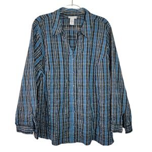 Catherines Plaid Button Up Shirt Plus Size 3X Metallic Blue Black Long Sleeve